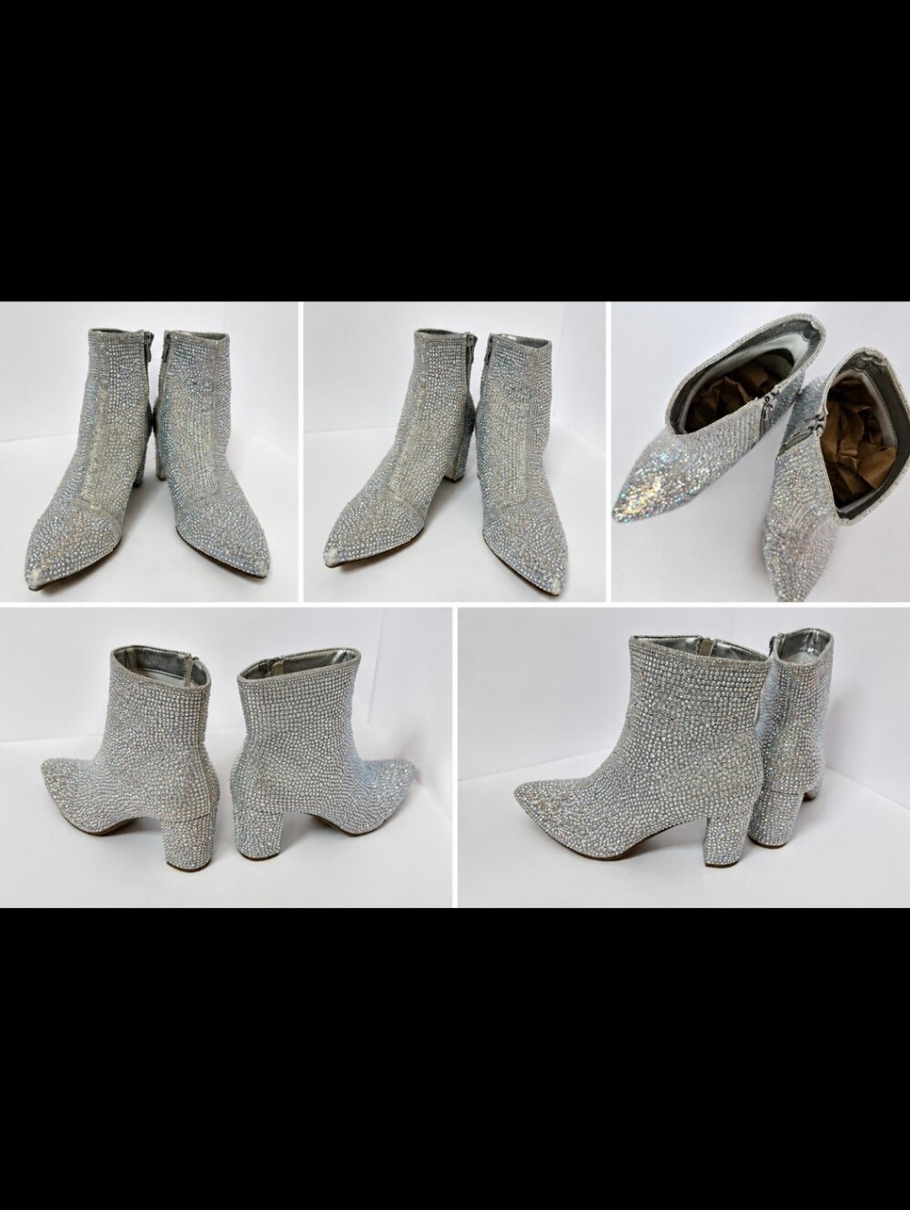 Forever New Women Glitter Rhinestone Pointed Toe Ankle Boots Block Heel Silver 6